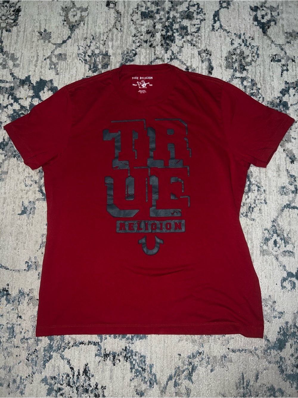 True Religion Men's Burgundy Tee with Black Logo Graphic
